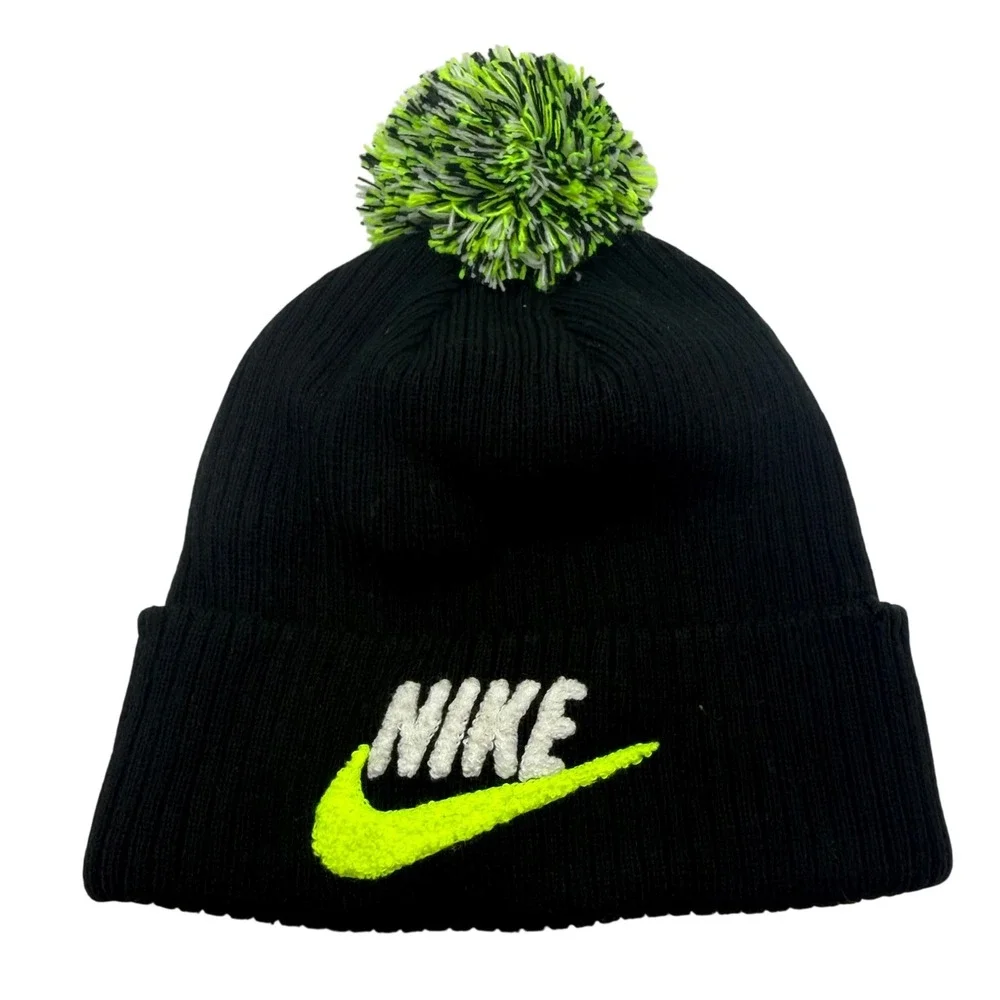 Nike Kids Beanie Hat Black Lime Green White Pom Pom Cuffed Knit Winter Cap